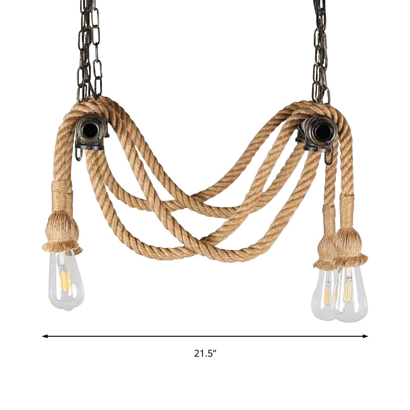 Wrought Iron Bronze Suspension Light Open Bulb 4 Lights Antique Style Chandelier Lamp with Hemp Rope for Bar Clearhalo 'Ceiling Lights' 'Chandeliers' 'Industrial Chandeliers' 'Industrial' 'Middle Century Chandeliers' 'Tiffany' Lighting' 159378