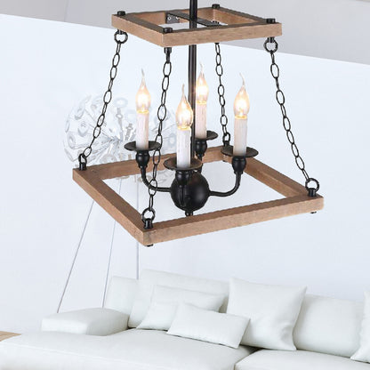 Brown Trapezoid Chandelier Lamp with Flameless Candle Farmhouse Metal and Wood 4-Light Kitchen Hanging Lamp Brown Clearhalo 'Cast Iron' 'Ceiling Lights' 'Chandeliers' 'Industrial Chandeliers' 'Industrial' 'Metal' 'Middle Century Chandeliers' 'Rustic Chandeliers' 'Tiffany' Lighting' 159386