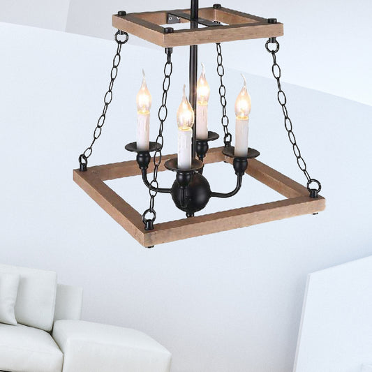 Brown Trapezoid Chandelier Lamp with Flameless Candle Farmhouse Metal and Wood 4-Light Kitchen Hanging Lamp Clearhalo 'Cast Iron' 'Ceiling Lights' 'Chandeliers' 'Industrial Chandeliers' 'Industrial' 'Metal' 'Middle Century Chandeliers' 'Rustic Chandeliers' 'Tiffany' Lighting' 159387