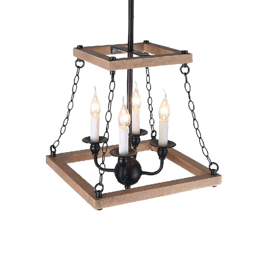 Brown Trapezoid Chandelier Lamp with Flameless Candle Farmhouse Metal and Wood 4-Light Kitchen Hanging Lamp Clearhalo 'Cast Iron' 'Ceiling Lights' 'Chandeliers' 'Industrial Chandeliers' 'Industrial' 'Metal' 'Middle Century Chandeliers' 'Rustic Chandeliers' 'Tiffany' Lighting' 159388