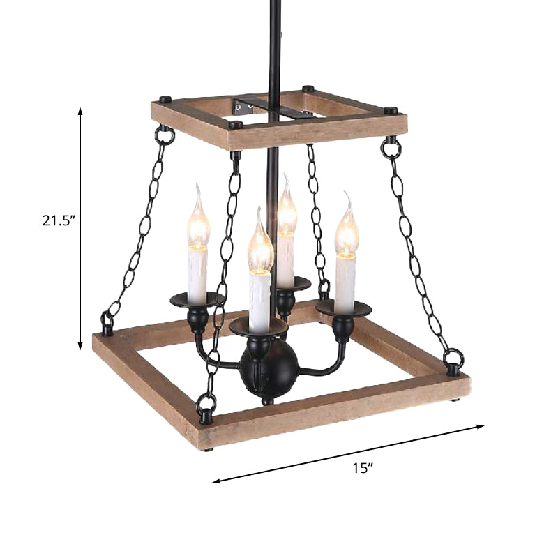 Brown Trapezoid Chandelier Lamp with Flameless Candle Farmhouse Metal and Wood 4-Light Kitchen Hanging Lamp Clearhalo 'Cast Iron' 'Ceiling Lights' 'Chandeliers' 'Industrial Chandeliers' 'Industrial' 'Metal' 'Middle Century Chandeliers' 'Rustic Chandeliers' 'Tiffany' Lighting' 159389