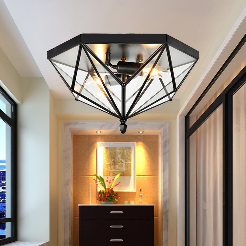 Single Bulb Flushmount Lighting Vintage Polyhedron Clear Glass Ceiling Light in Black for Foyer Black Clearhalo 'Ceiling Lights' 'Close To Ceiling Lights' 'Close to ceiling' 'Flush mount' 'Industrial Flush Mount' Lighting' 159450