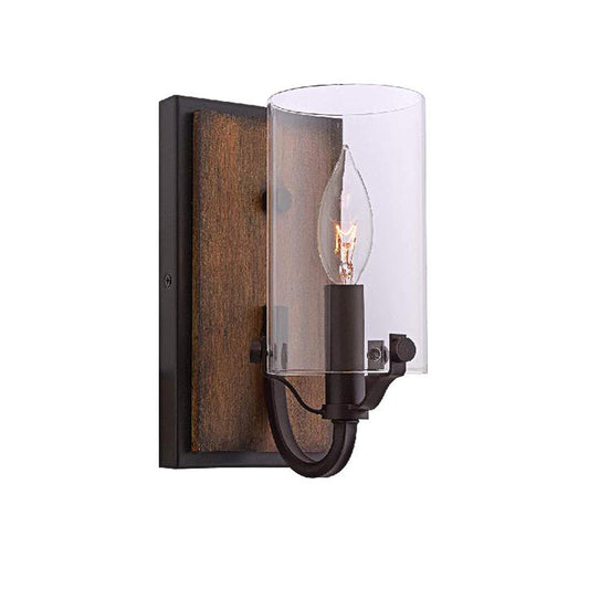 1 Bulb Cylinder Wall Mounted Light Fixture Industrial Brown Clear Glass Lighting with Wooden Backplate Clearhalo 'Cast Iron' 'Glass' 'Industrial wall lights' 'Industrial' 'Middle century wall lights' 'Modern' 'Tiffany' 'Traditional wall lights' 'Wall Lamps & Sconces' 'Wall Lights' Lighting' 159465