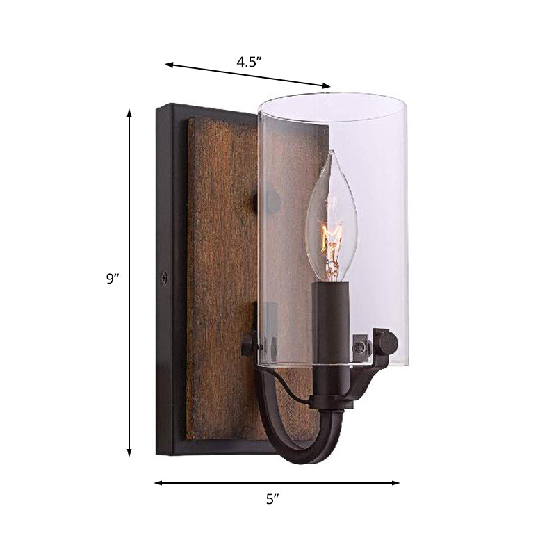 1 Bulb Cylinder Wall Mounted Light Fixture Industrial Brown Clear Glass Lighting with Wooden Backplate Clearhalo 'Cast Iron' 'Glass' 'Industrial wall lights' 'Industrial' 'Middle century wall lights' 'Modern' 'Tiffany' 'Traditional wall lights' 'Wall Lamps & Sconces' 'Wall Lights' Lighting' 159466