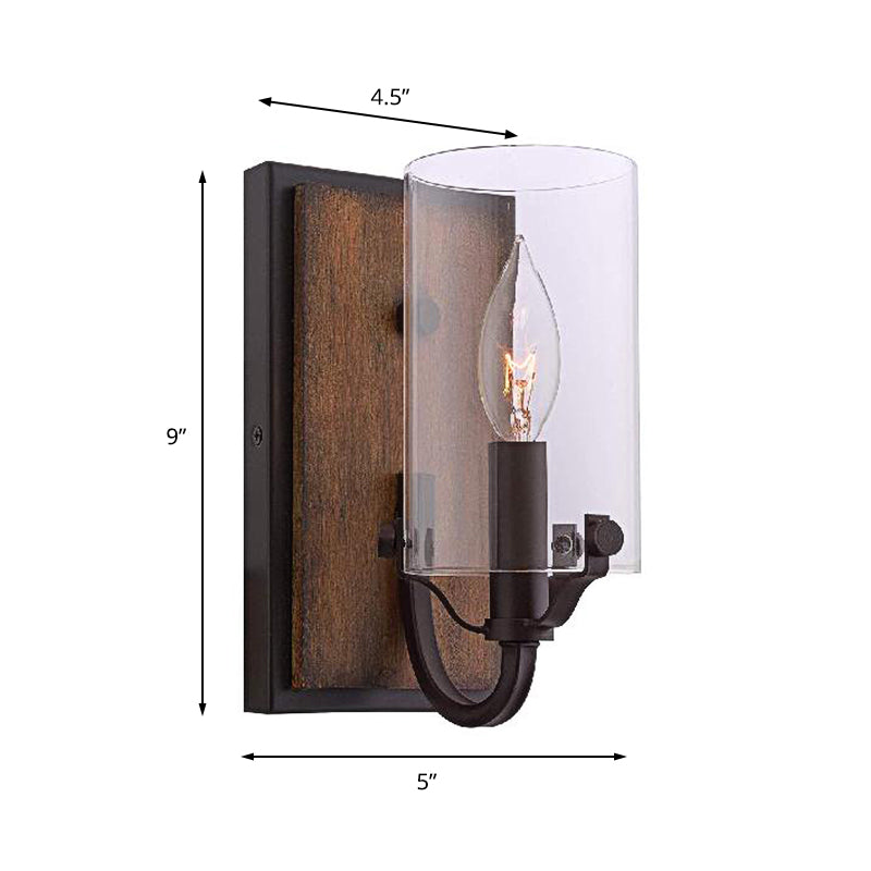 1 Bulb Cylinder Wall Mounted Light Fixture Industrial Brown Clear Glass Lighting with Wooden Backplate Clearhalo 'Cast Iron' 'Glass' 'Industrial wall lights' 'Industrial' 'Middle century wall lights' 'Modern' 'Tiffany' 'Traditional wall lights' 'Wall Lamps & Sconces' 'Wall Lights' Lighting' 159466