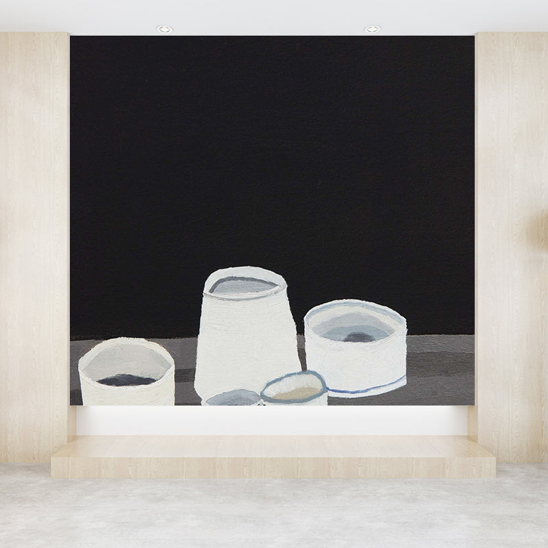 Extra Large Modern Mural Wallpaper in Black and White Tableware Wall Decor, Custom Printed Black-White Clearhalo 'Wall Decor' 'Wall Mural' 1595055