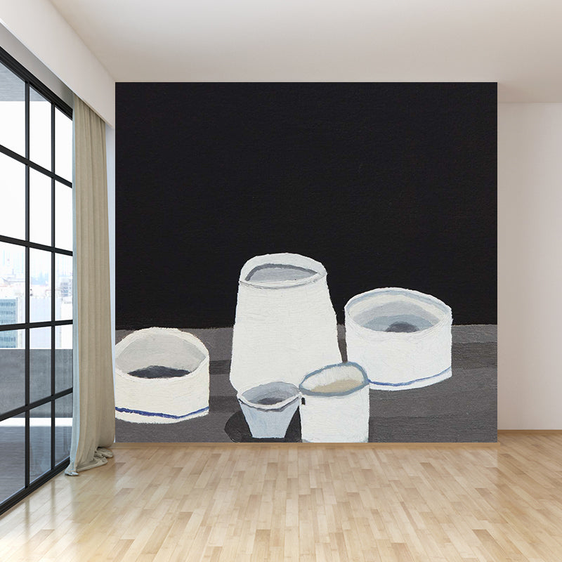 Extra Large Modern Mural Wallpaper in Black and White Tableware Wall Decor, Custom Printed Clearhalo 'Wall Decor' 'Wall Mural' 1595056