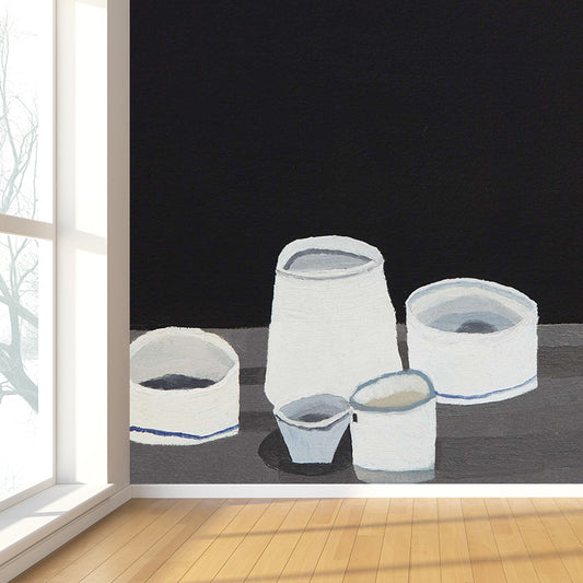 Extra Large Modern Mural Wallpaper in Black and White Tableware Wall Decor, Custom Printed Clearhalo 'Wall Decor' 'Wall Mural' 1595057