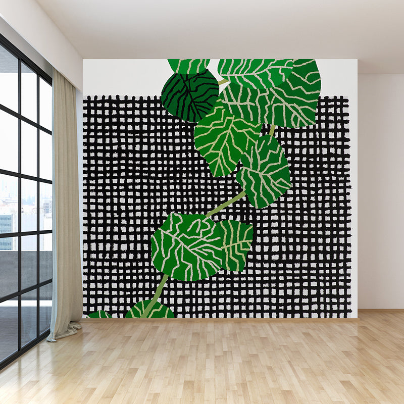 Plaid and Plant Wall Mural Modern Decorative Living Room Wall Covering, Custom Size Available Green Clearhalo 'Wall Decor' 'Wall Mural' 1595065