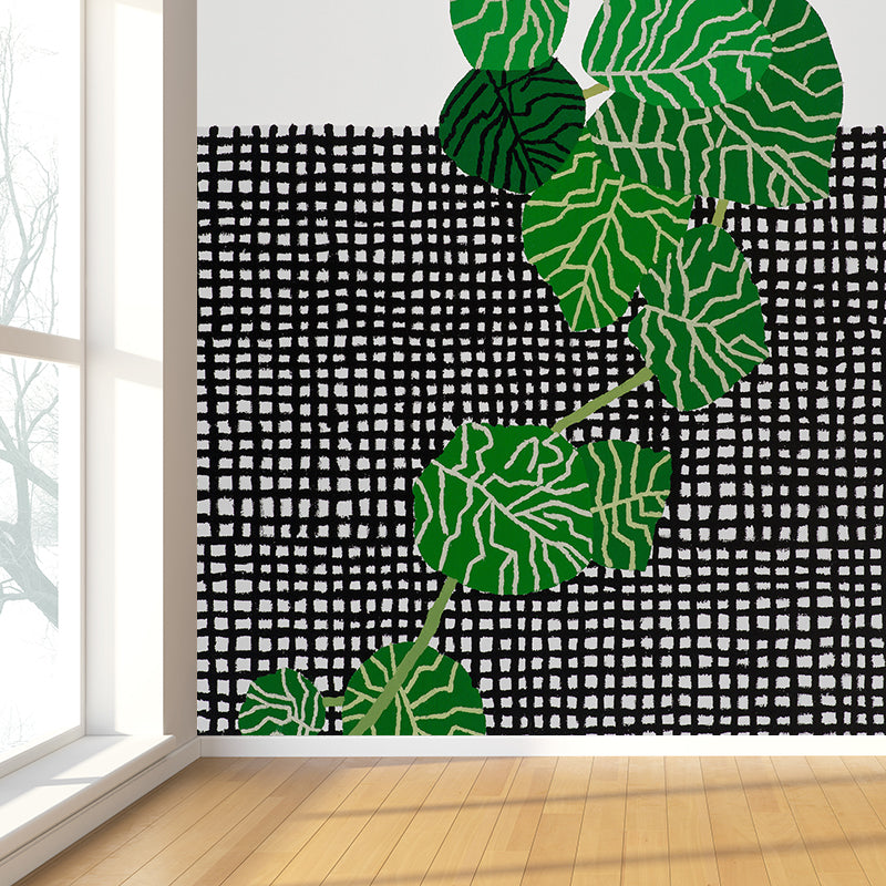 Plaid and Plant Wall Mural Modern Decorative Living Room Wall Covering, Custom Size Available Clearhalo 'Wall Decor' 'Wall Mural' 1595066