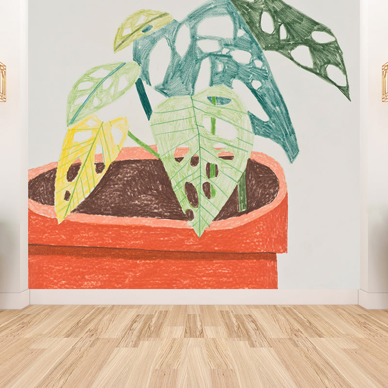 Orange Pot Plant Mural Wallpaper Stain Resistant Contemporary Bathroom Wall Covering Clearhalo 'Wall Decor' 'Wall Mural' 1595071