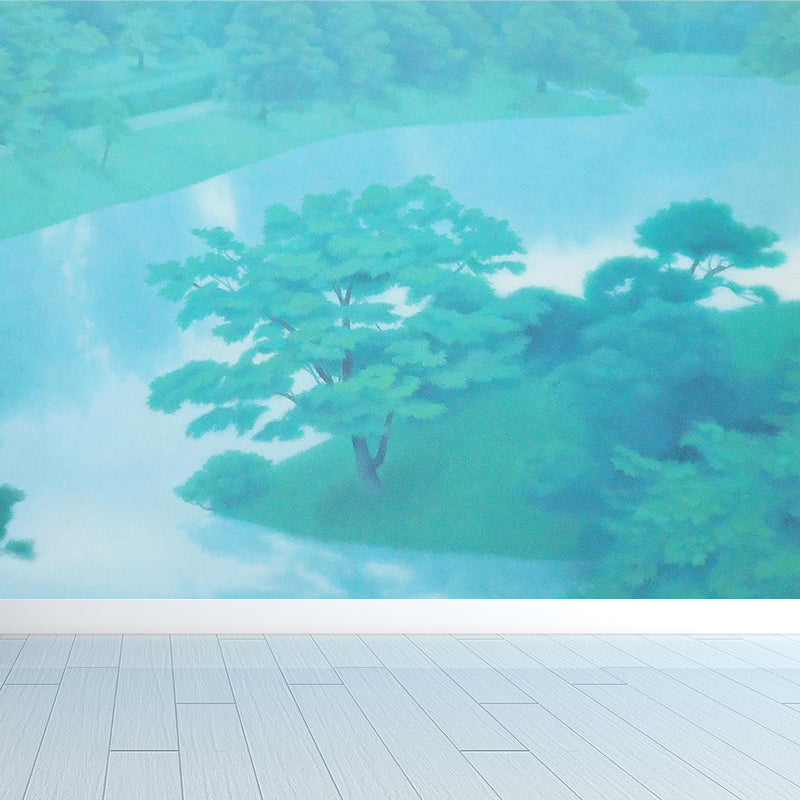 Contemporary Forest and River Mural Green Dining Room Wall Art, Custom Size Available Clearhalo 'Wall Decor' 'Wall Mural' 1595092