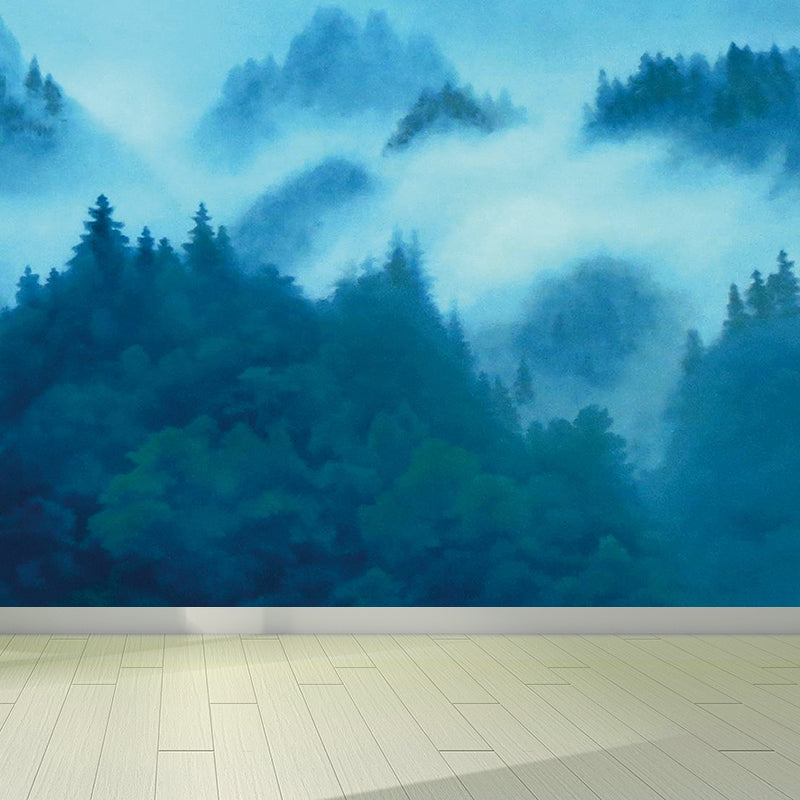 Contemporary Misty Forest Mural Decal Green Bedroom Wall Covering, Made to Measure Green Clearhalo 'Wall Decor' 'Wall Mural' 1595115