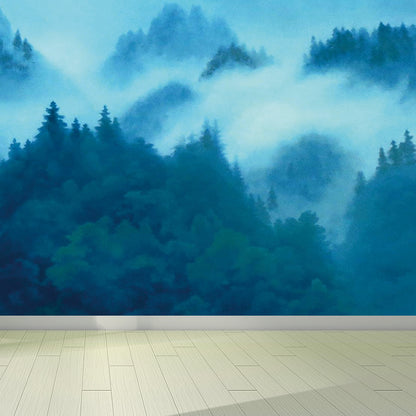 Contemporary Misty Forest Mural Decal Green Bedroom Wall Covering, Made to Measure Green Clearhalo 'Wall Decor' 'Wall Mural' 1595115