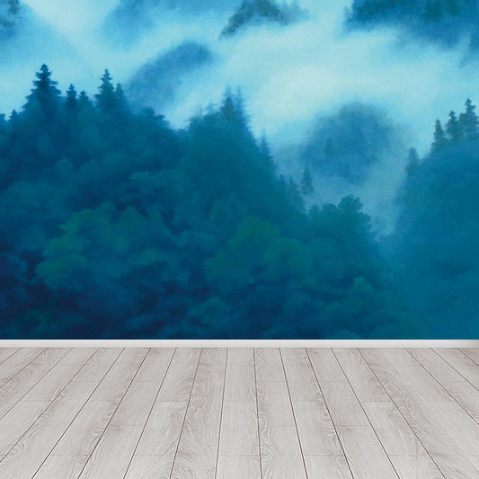 Contemporary Misty Forest Mural Decal Green Bedroom Wall Covering, Made to Measure