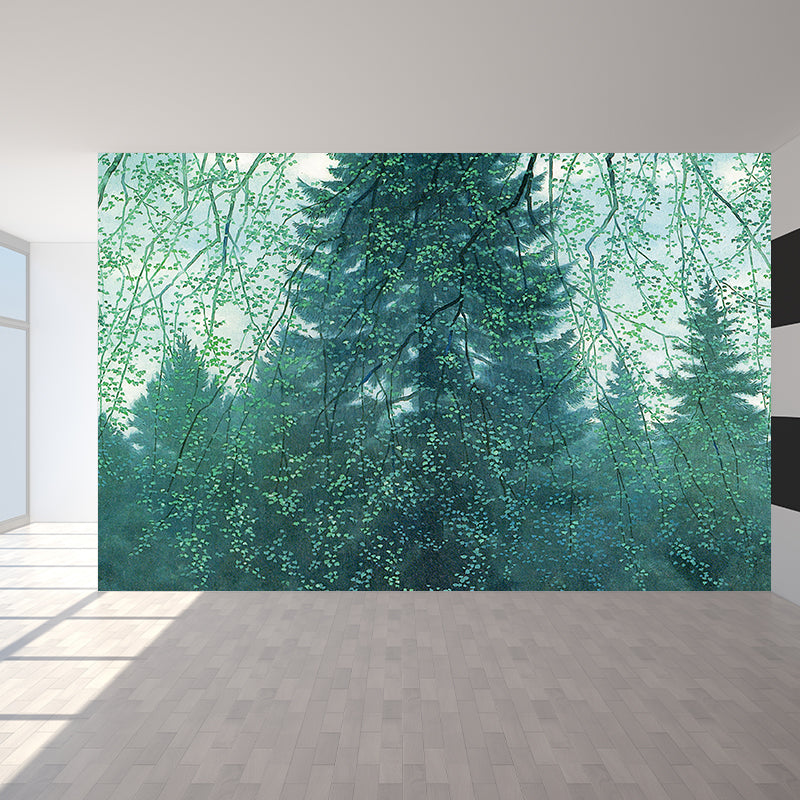 Modern Woodland Mural Wallpaper Green Dining Room Wall Art, Custom Size Available Green Clearhalo 'Wall Decor' 'Wall Mural' 1595120