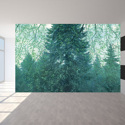 Modern Woodland Mural Wallpaper Green Dining Room Wall Art, Custom Size Available Green Clearhalo 'Wall Decor' 'Wall Mural' 1595120