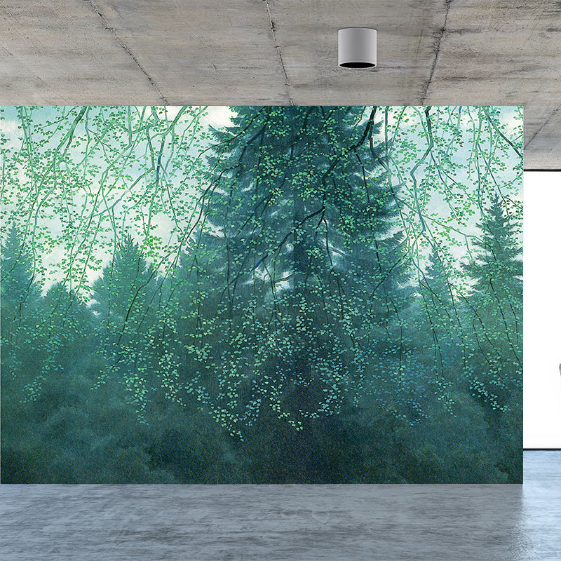 Modern Woodland Mural Wallpaper Green Dining Room Wall Art, Custom Size Available Clearhalo 'Wall Decor' 'Wall Mural' 1595121
