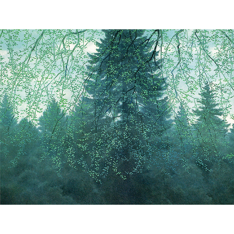 Modern Woodland Mural Wallpaper Green Dining Room Wall Art, Custom Size Available Clearhalo 'Wall Decor' 'Wall Mural' 1595123