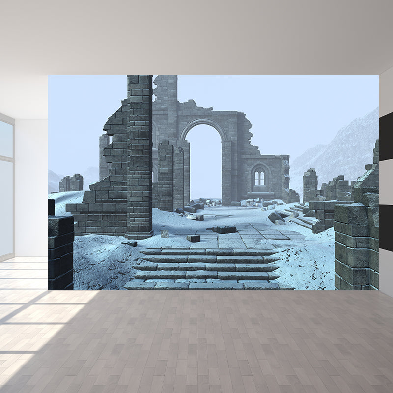 Dilapidated House Mural Decal Cadet Blue Contemporary Wall Covering for Living Room Gray Blue Clearhalo 'Wall Decor' 'Wall Mural' 1595140