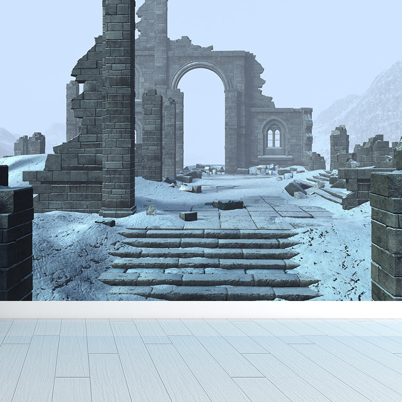 Dilapidated House Mural Decal Cadet Blue Contemporary Wall Covering for Living Room Clearhalo 'Wall Decor' 'Wall Mural' 1595141