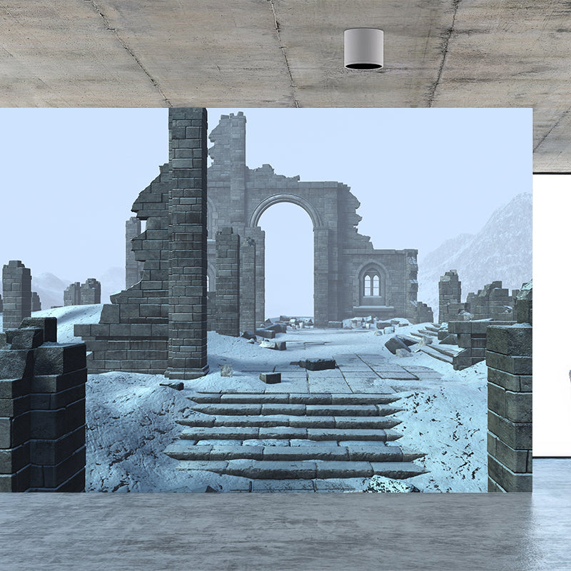 Dilapidated House Mural Decal Cadet Blue Contemporary Wall Covering for Living Room Clearhalo 'Wall Decor' 'Wall Mural' 1595142