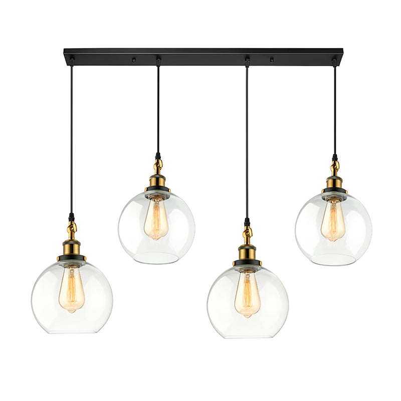 3/4-Light Clear Glass Multi Hanging Light Fixture Industrial Antique Brass Orb Living Room Pendant with Round Canopy Clearhalo 'Ceiling Lights' 'Glass shade' 'Glass' 'Industrial Pendants' 'Industrial' 'Middle Century Pendants' 'Pendant Lights' 'Pendants' 'Tiffany' Lighting' 159519