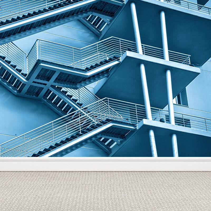 Huge Dog-Legged Stairs Wall Mural House Interior Architecture Wall Art in Blue, Waterproof Blue Clearhalo 'Wall Decor' 'Wall Mural' 1595195