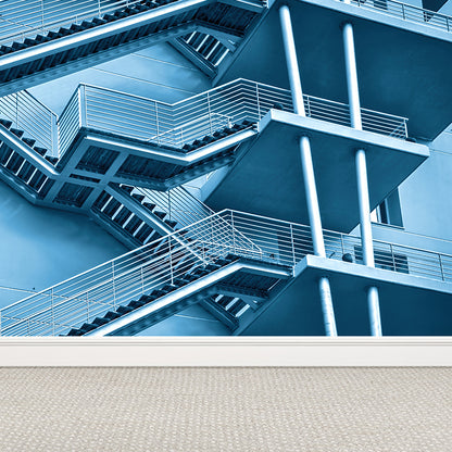 Huge Dog-Legged Stairs Wall Mural House Interior Architecture Wall Art in Blue, Waterproof Blue Clearhalo 'Wall Decor' 'Wall Mural' 1595195