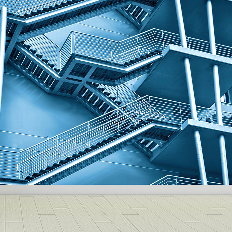 Huge Dog-Legged Stairs Wall Mural House Interior Architecture Wall Art in Blue, Waterproof Clearhalo 'Wall Decor' 'Wall Mural' 1595196
