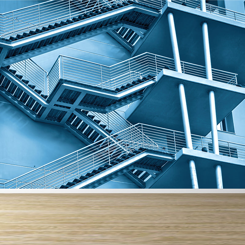 Huge Dog-Legged Stairs Wall Mural House Interior Architecture Wall Art in Blue, Waterproof Clearhalo 'Wall Decor' 'Wall Mural' 1595197