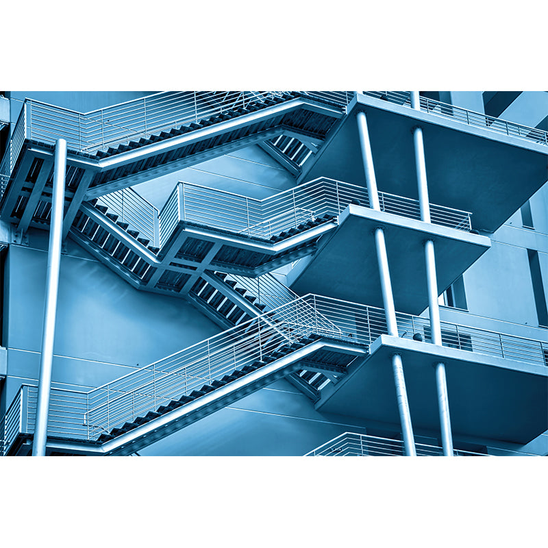 Huge Dog-Legged Stairs Wall Mural House Interior Architecture Wall Art in Blue, Waterproof Clearhalo 'Wall Decor' 'Wall Mural' 1595198