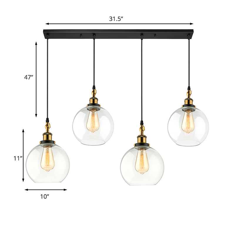 3/4-Light Clear Glass Multi Hanging Light Fixture Industrial Antique Brass Orb Living Room Pendant with Round Canopy Clearhalo 'Ceiling Lights' 'Glass shade' 'Glass' 'Industrial Pendants' 'Industrial' 'Middle Century Pendants' 'Pendant Lights' 'Pendants' 'Tiffany' Lighting' 159520
