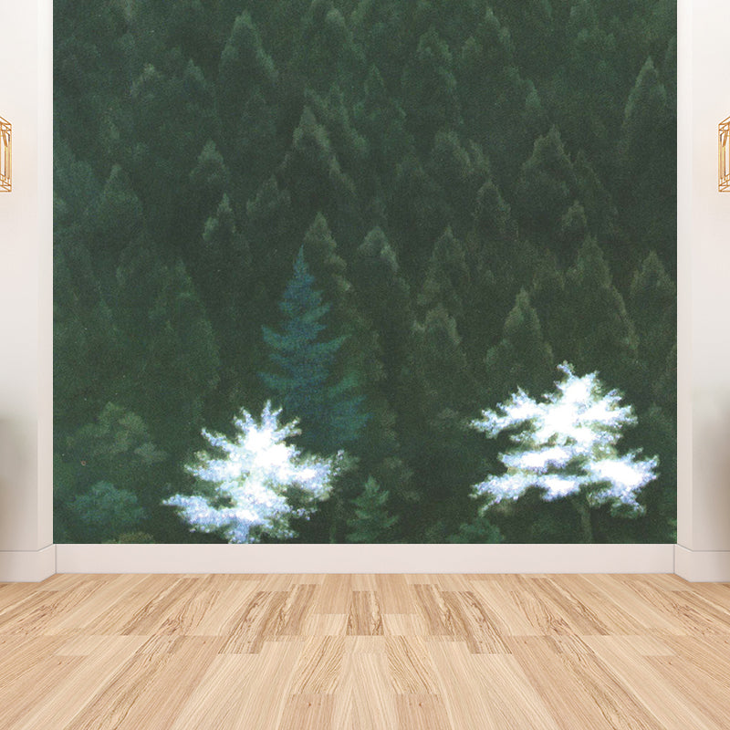 Illustration Style Pine Trees Mural Giant Wall Covering for Dining Room, Personalise Green Clearhalo 'Wall Decor' 'Wall Mural' 1595300