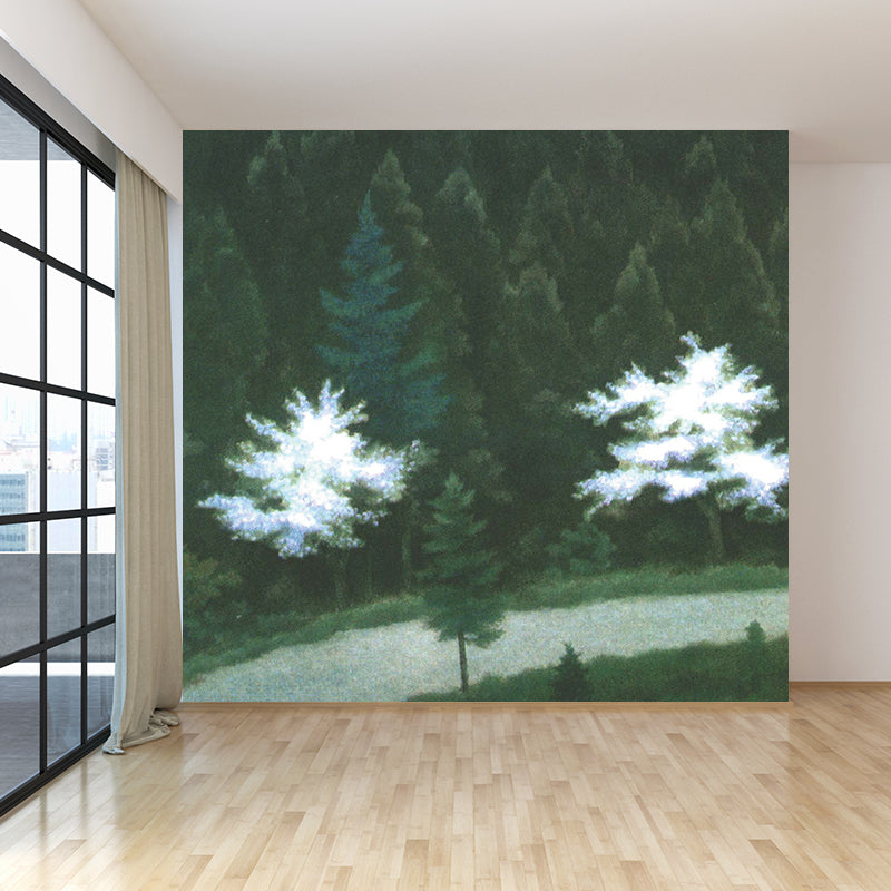 Illustration Style Pine Trees Mural Giant Wall Covering for Dining Room, Personalise Clearhalo 'Wall Decor' 'Wall Mural' 1595302