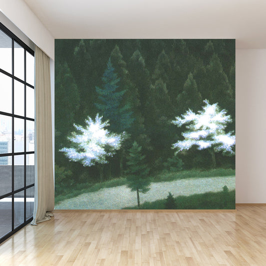 Illustration Style Pine Trees Mural Giant Wall Covering for Dining Room, Personalise Clearhalo 'Wall Decor' 'Wall Mural' 1595302