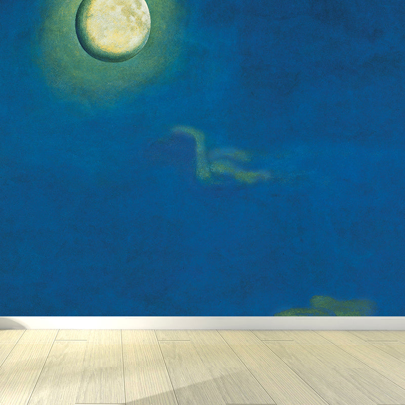 Illustration Moon Night Mural Decal for Living Room, Blue, Custom Size Available Blue Clearhalo 'Wall Decor' 'Wall Mural' 1595305