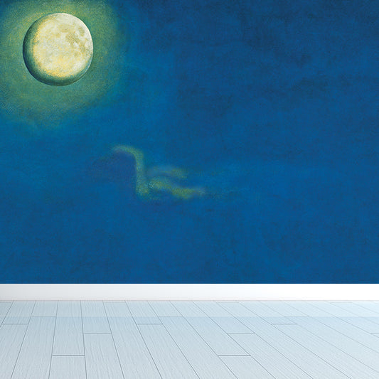 Illustration Moon Night Mural Decal for Living Room, Blue, Custom Size Available Clearhalo 'Wall Decor' 'Wall Mural' 1595306