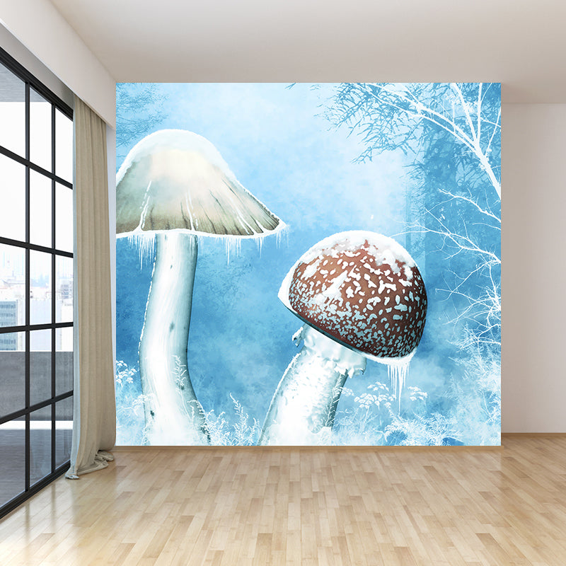 Frozen Trees and Mushrooms Mural Wallpaper for Living Room Winter Wall Art, Custom Blue Clearhalo 'Wall Decor' 'Wall Mural' 1595360