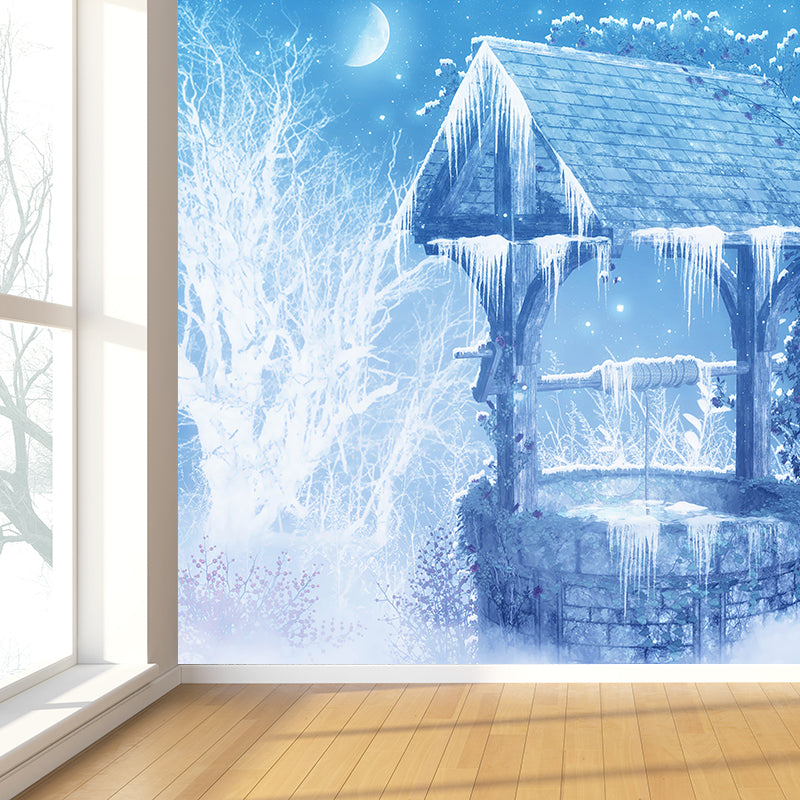 Blue Contemporary Wall Mural Great Moon and Shabby Well Wall Decor for Guest Room Blue Clearhalo 'Wall Decor' 'Wall Mural' 1595385