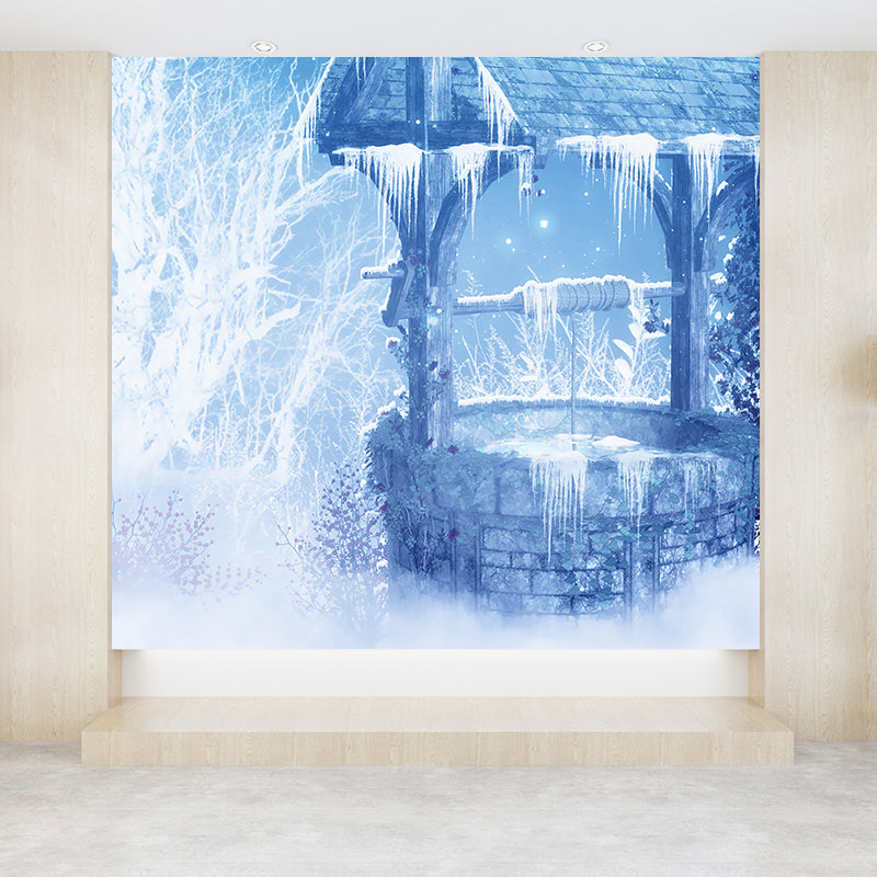 Blue Contemporary Wall Mural Great Moon and Shabby Well Wall Decor for Guest Room Clearhalo 'Wall Decor' 'Wall Mural' 1595387