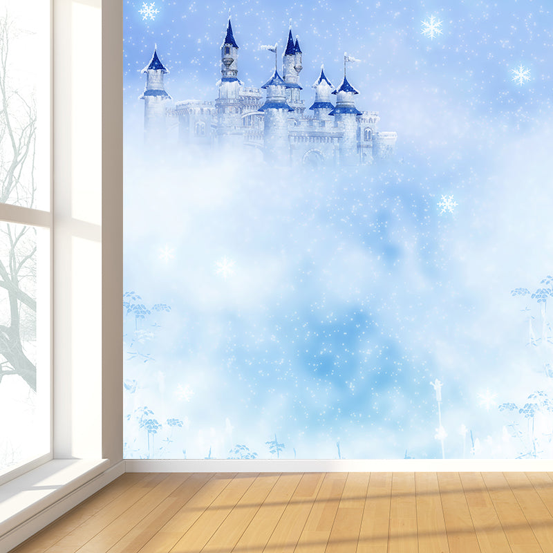 Modern Castle and Snowflake Mural Wallpaper Blue Winter Nature Landscape Wall Covering Blue Clearhalo 'Wall Decor' 'Wall Mural' 1595400