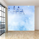 Modern Castle and Snowflake Mural Wallpaper Blue Winter Nature Landscape Wall Covering Clearhalo 'Wall Decor' 'Wall Mural' 1595401