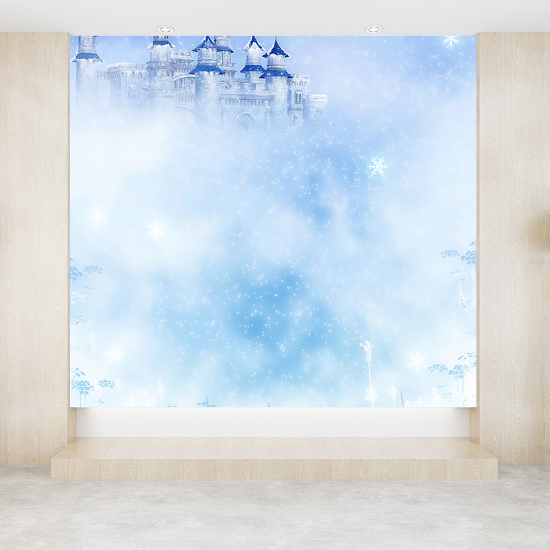 Modern Castle and Snowflake Mural Wallpaper Blue Winter Nature Landscape Wall Covering Clearhalo 'Wall Decor' 'Wall Mural' 1595402