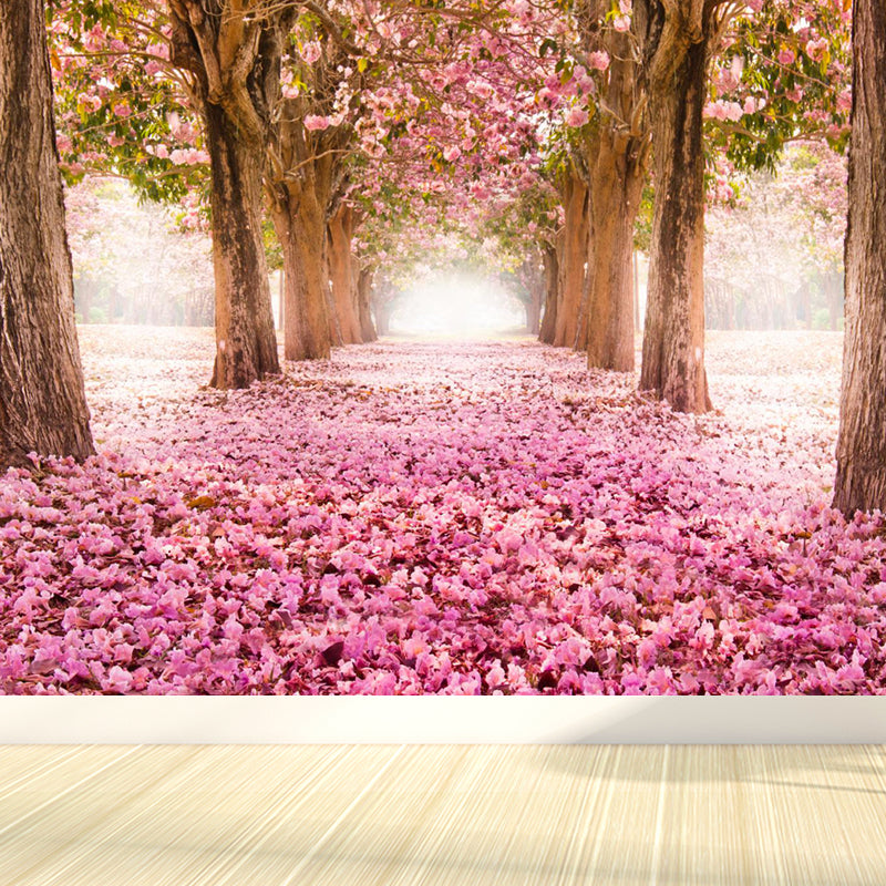 Pink Flower Landscape Mural Wallpaper Stain Resistant Modern Dining Room Wall Covering Pink Clearhalo 'Wall Decor' 'Wall Mural' 1595425