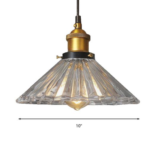 One Light Lighting Fixture with Cone Shape Ribbed Glass Farmhouse Living Room Pendant Light in Bronze/Brass Clearhalo 'Ceiling Lights' 'Close To Ceiling Lights' 'Glass shade' 'Glass' 'Industrial Pendants' 'Industrial' 'Middle Century Pendants' 'Pendant Lights' 'Pendants' 'Tiffany' Lighting' 159553