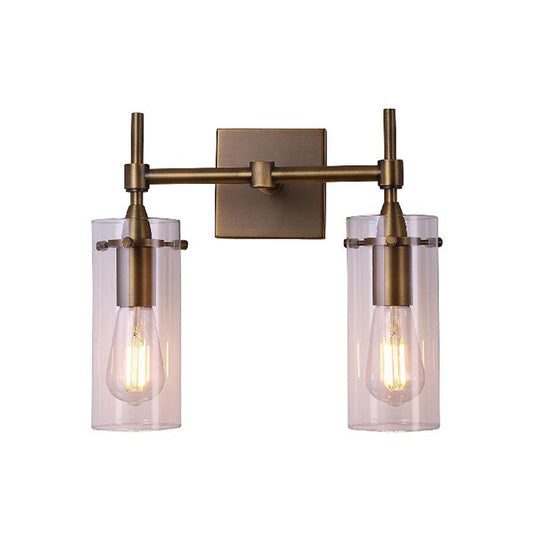 Clear Glass Cylinder Wall Sconce Modern 2 Lights Dining Room Lighting Fixture in Aged Brass Clearhalo 'Cast Iron' 'Glass' 'Industrial wall lights' 'Industrial' 'Middle century wall lights' 'Modern' 'Tiffany' 'Traditional wall lights' 'Wall Lamps & Sconces' 'Wall Lights' Lighting' 159556