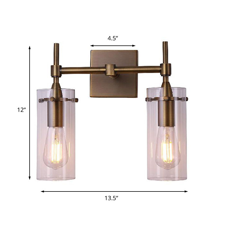 Clear Glass Cylinder Wall Sconce Modern 2 Lights Dining Room Lighting Fixture in Aged Brass Clearhalo 'Cast Iron' 'Glass' 'Industrial wall lights' 'Industrial' 'Middle century wall lights' 'Modern' 'Tiffany' 'Traditional wall lights' 'Wall Lamps & Sconces' 'Wall Lights' Lighting' 159557