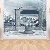 Illustration Style Courtyard Wall Mural for Living Room, White, Custom Size Available Clearhalo 'Wall Decor' 'Wall Mural' 1595571