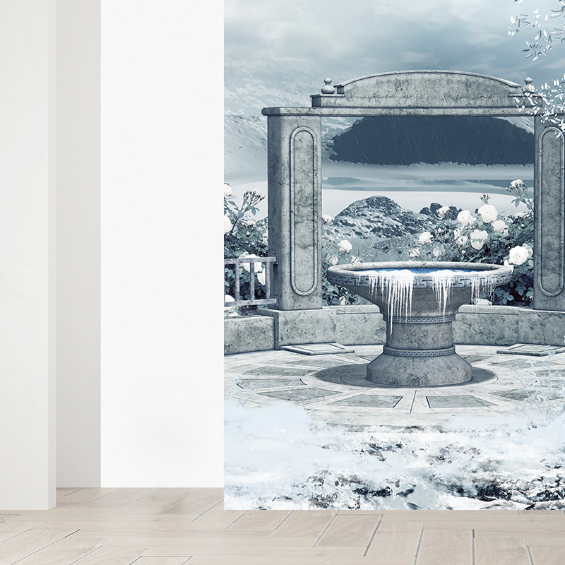 Illustration Style Courtyard Wall Mural for Living Room, White, Custom Size Available Clearhalo 'Wall Decor' 'Wall Mural' 1595572